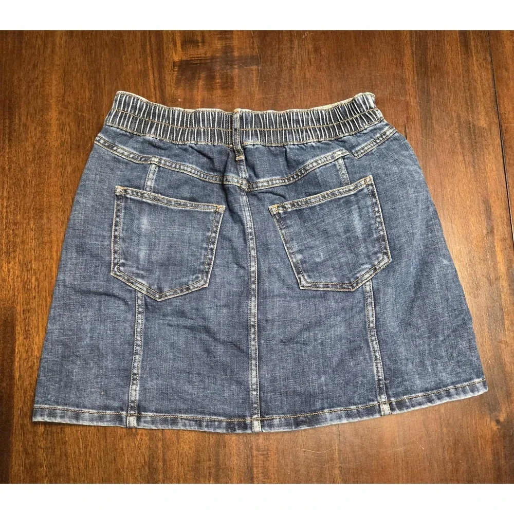Aerie Denim Mini Skirt Button Front Dark Blue Wash Elastic Back Small Preppy‎